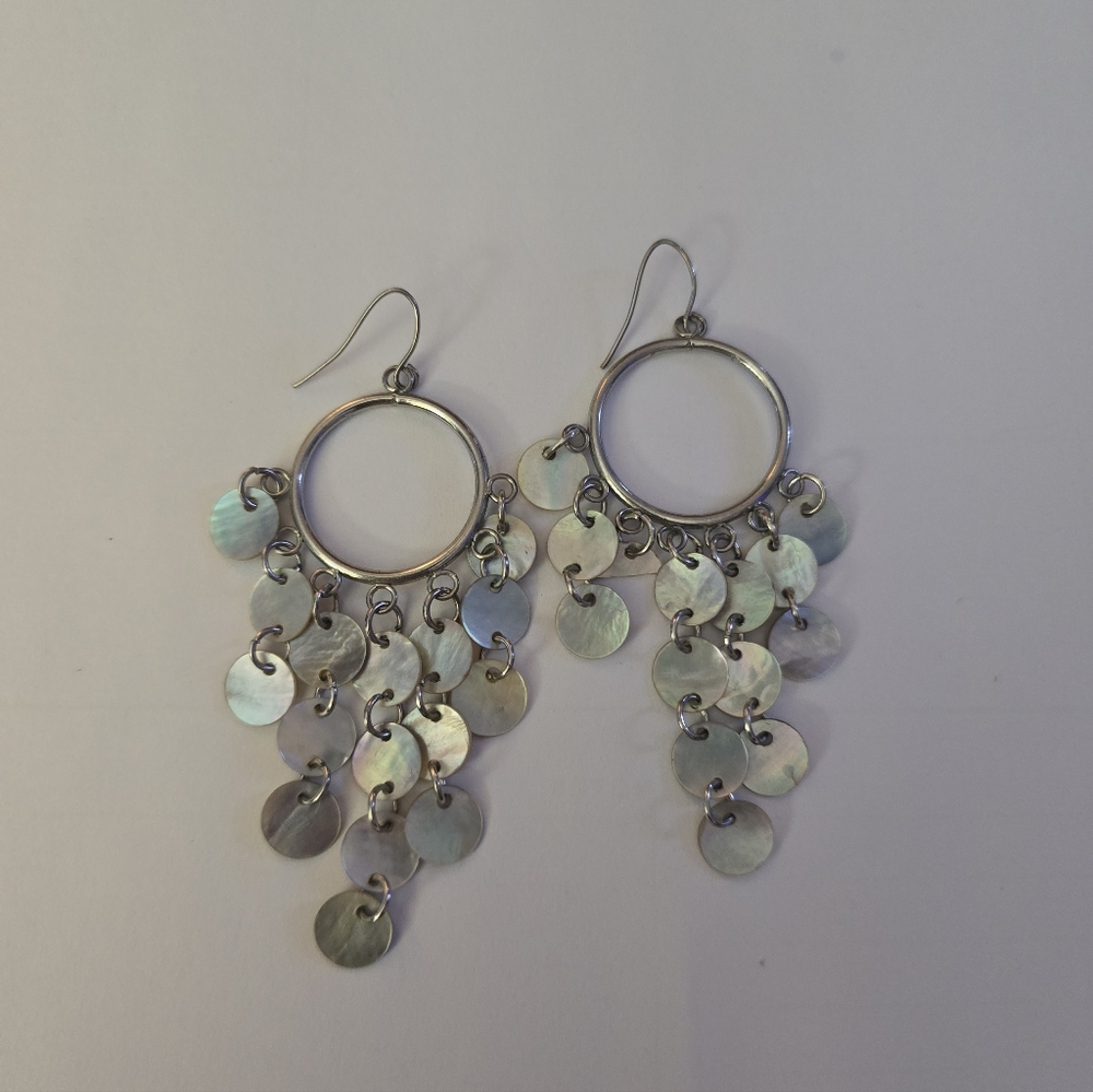 Brown White Disc Chandelier Drop Dangle Silver Tone Hoop Earrings 80s Statement